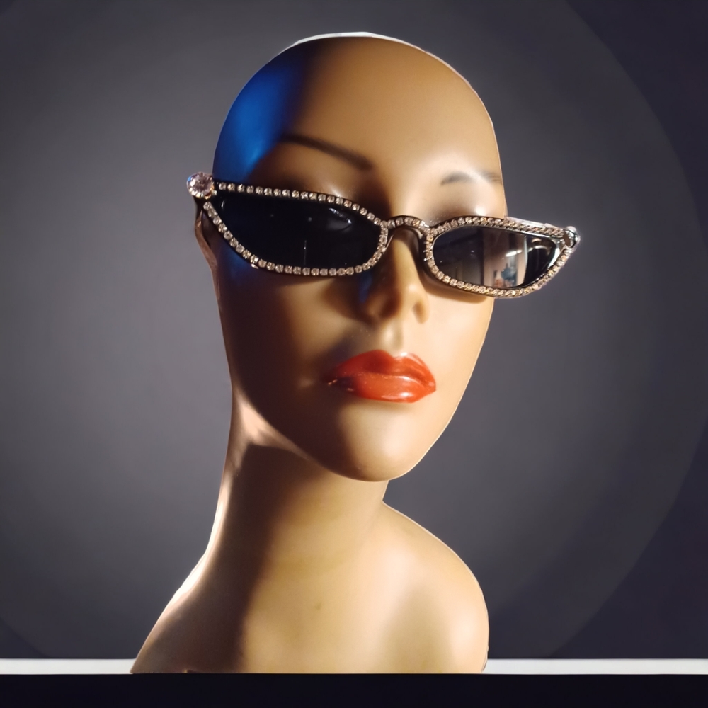 Blingy Rhinestone Thin Cat Eye Sunglasses New black